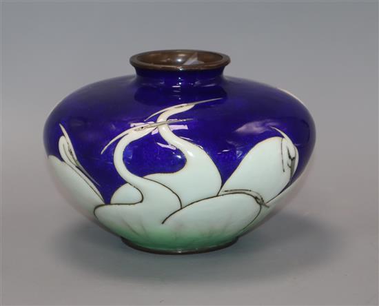 A Japanese musen and moriage enamel egrets vase height 14cm